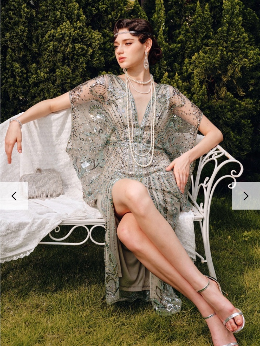Sequined Sage Green Beaded Prom Dress with Sheer Cape Sleeves